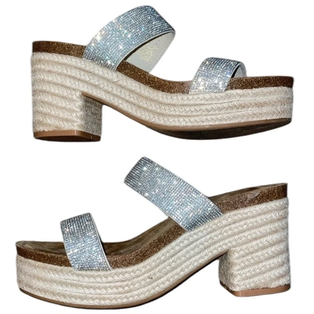 Madden Girl Silver Sparkle Espadrille Block Heel Sandals Sz. 8.5